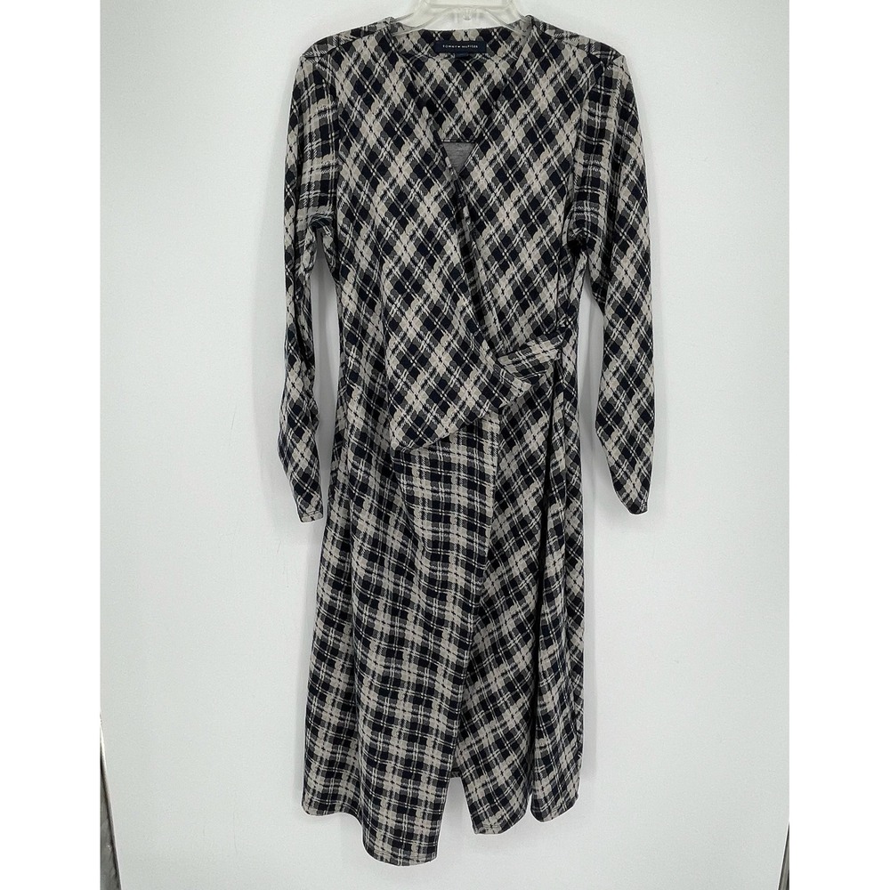 Tommy Hilfiger Women's Blue Plaid Faux Wrap Long Sleeve Midi Dress Size L